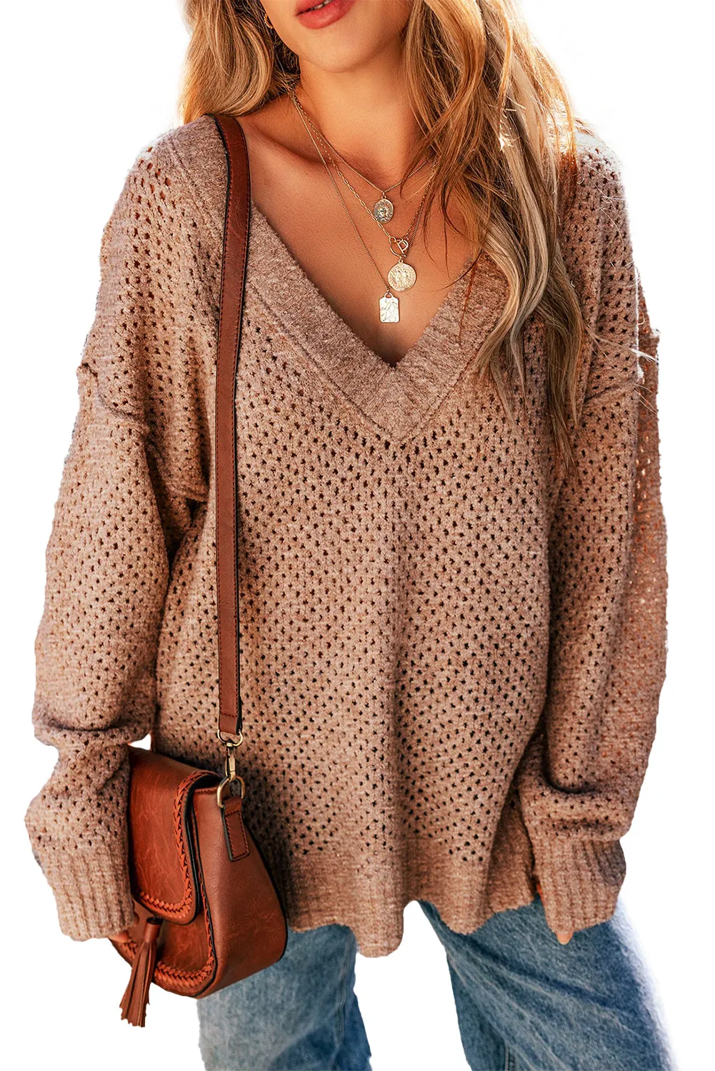 Loose Eyelet Drop Shoulder Sweater