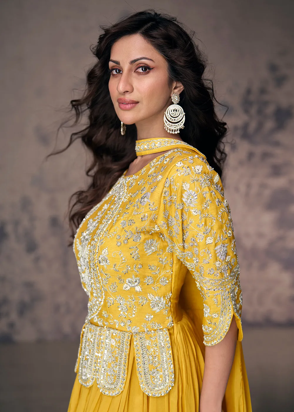 Maize Yellow Silk Embroidered Wedding Party Anarkali Gown