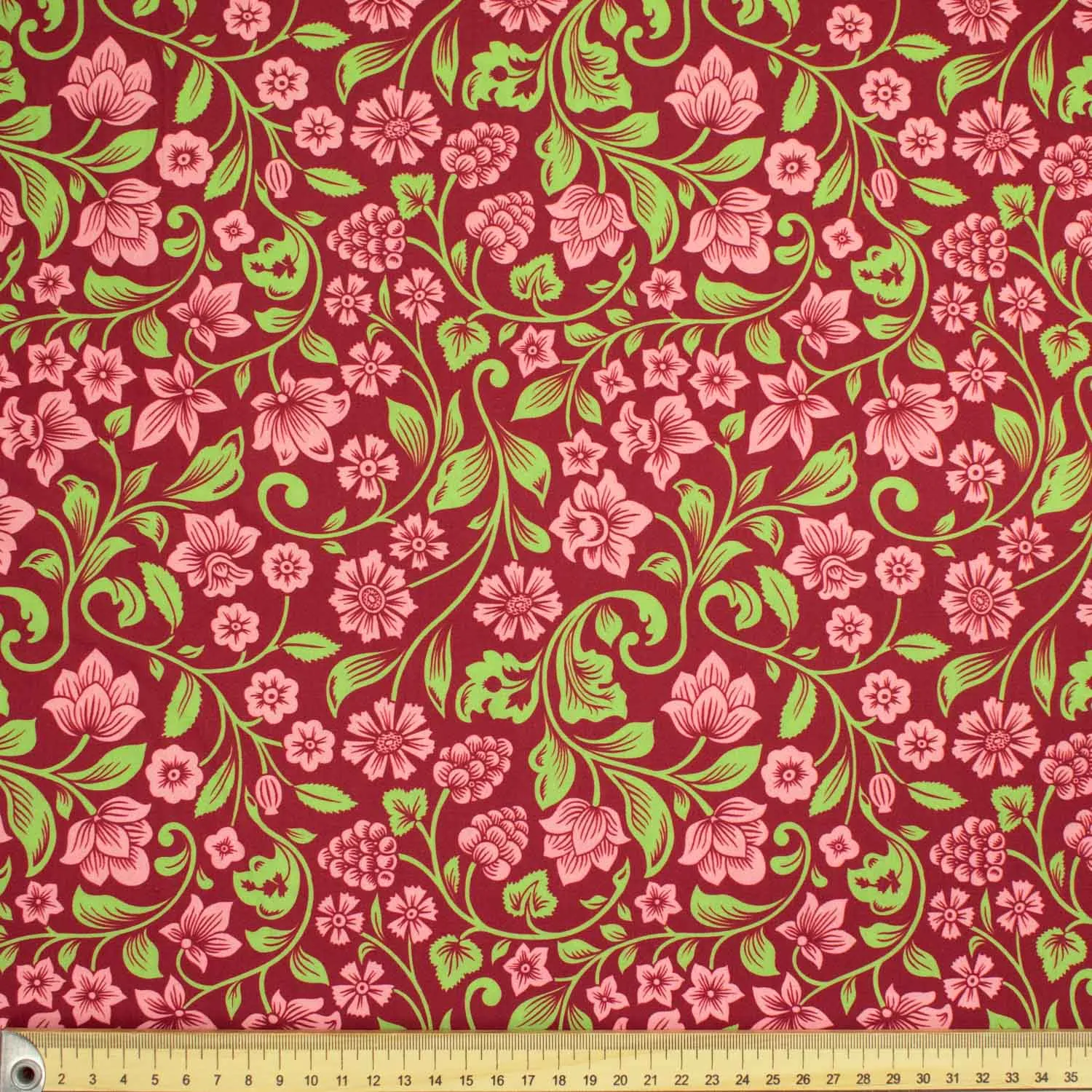 Maurice Style Collection #12 Pink & Green Floral Vines on Red Cotton Prints