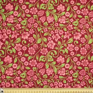 Maurice Style Collection #12 Pink & Green Floral Vines on Red Cotton Prints