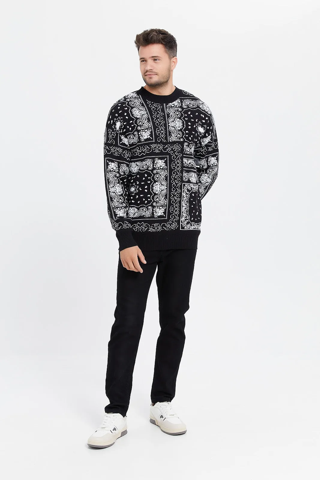 Men Black Paisley Intarsia Knitted Pullover