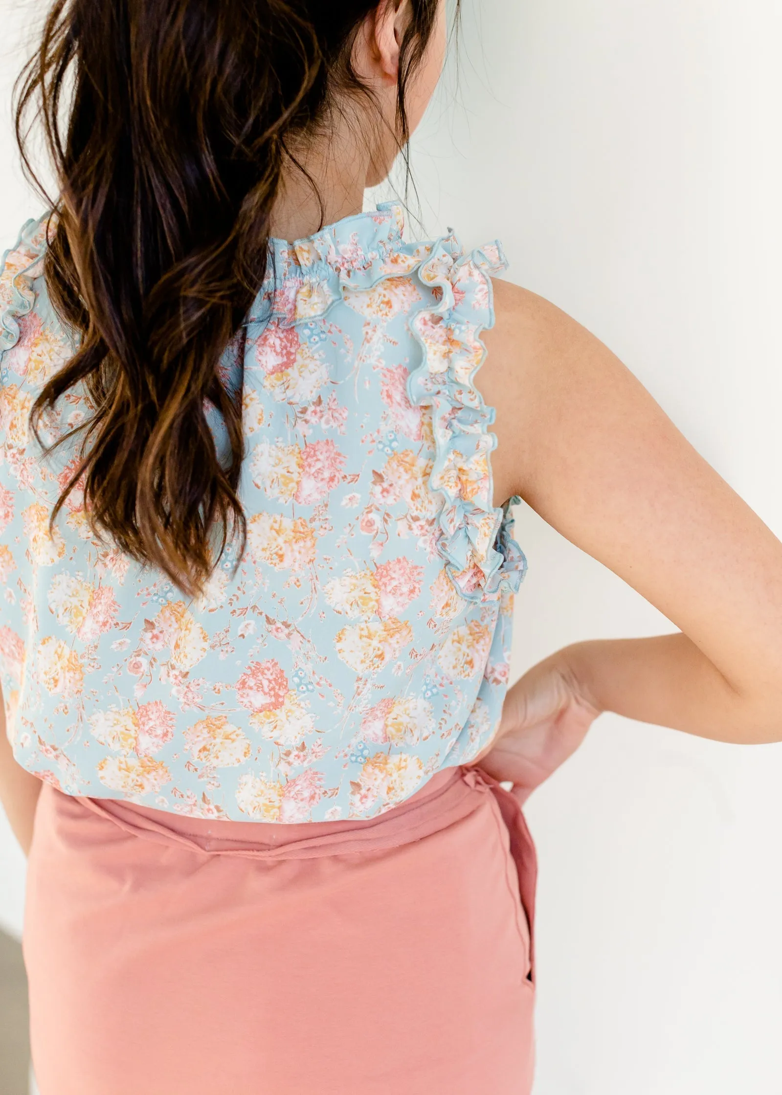 Mint Floral Ruffle Detail Top