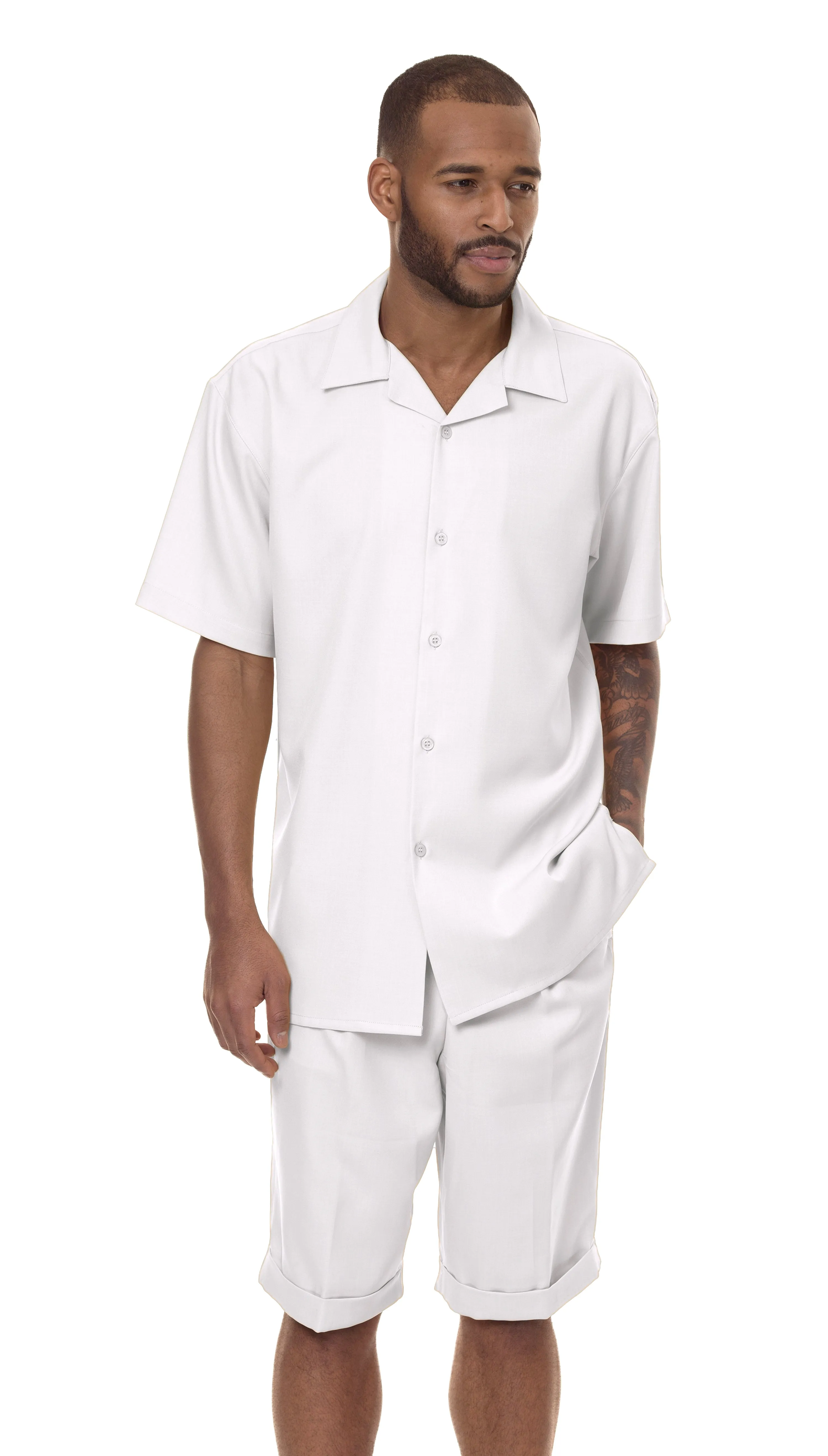 Montique White Men's Short Sleeve Short Pants Walking Suit 7696