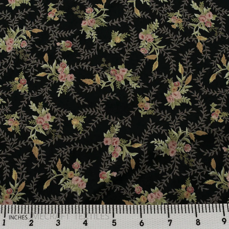 Navy Rose Branches Cotton Print