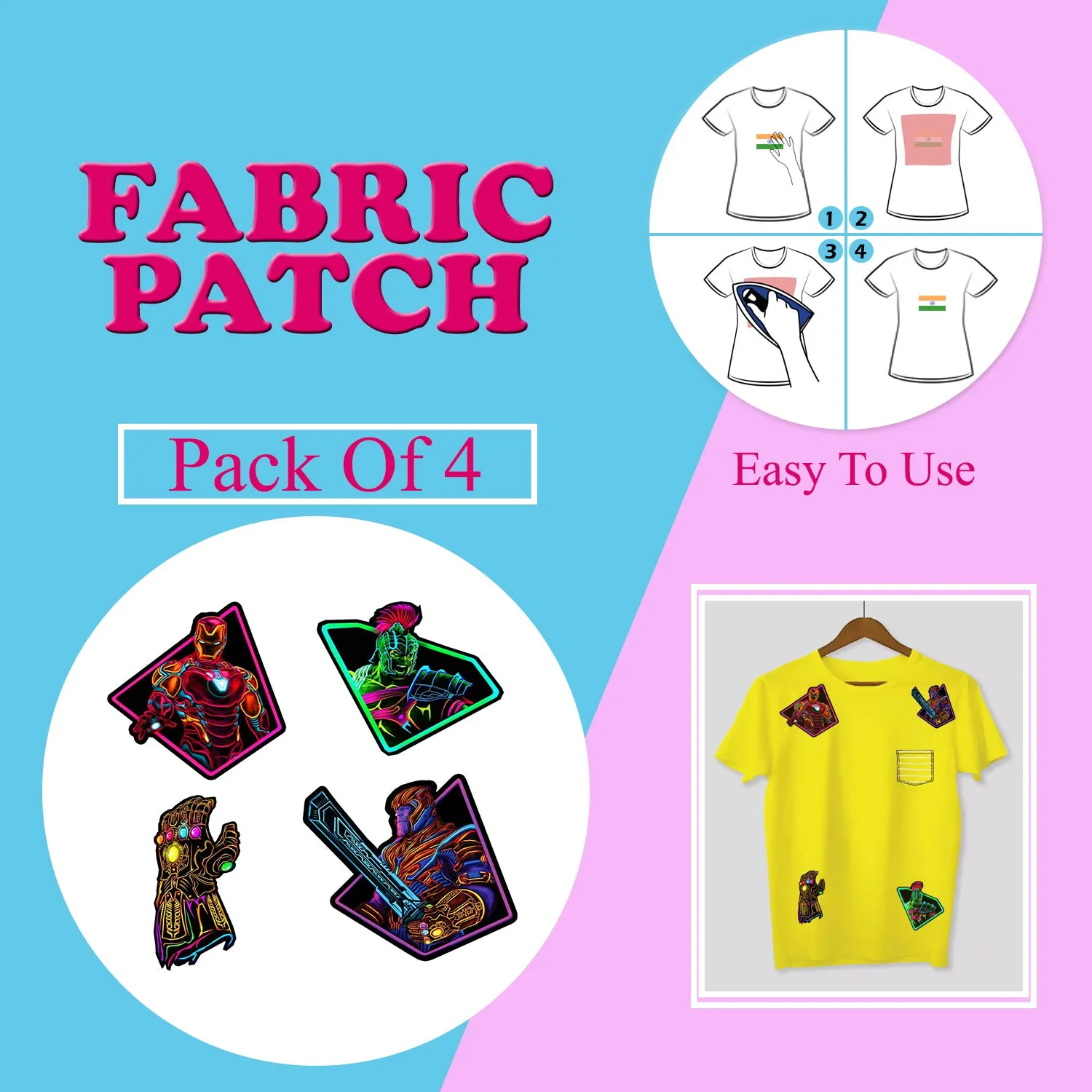 Neon Printed Iron Patches for Clothes By LazyChunks (Pack of 4)