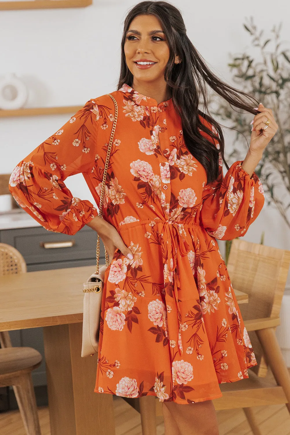 Orange Vintage Floral Print Drawstring Flowy Dress