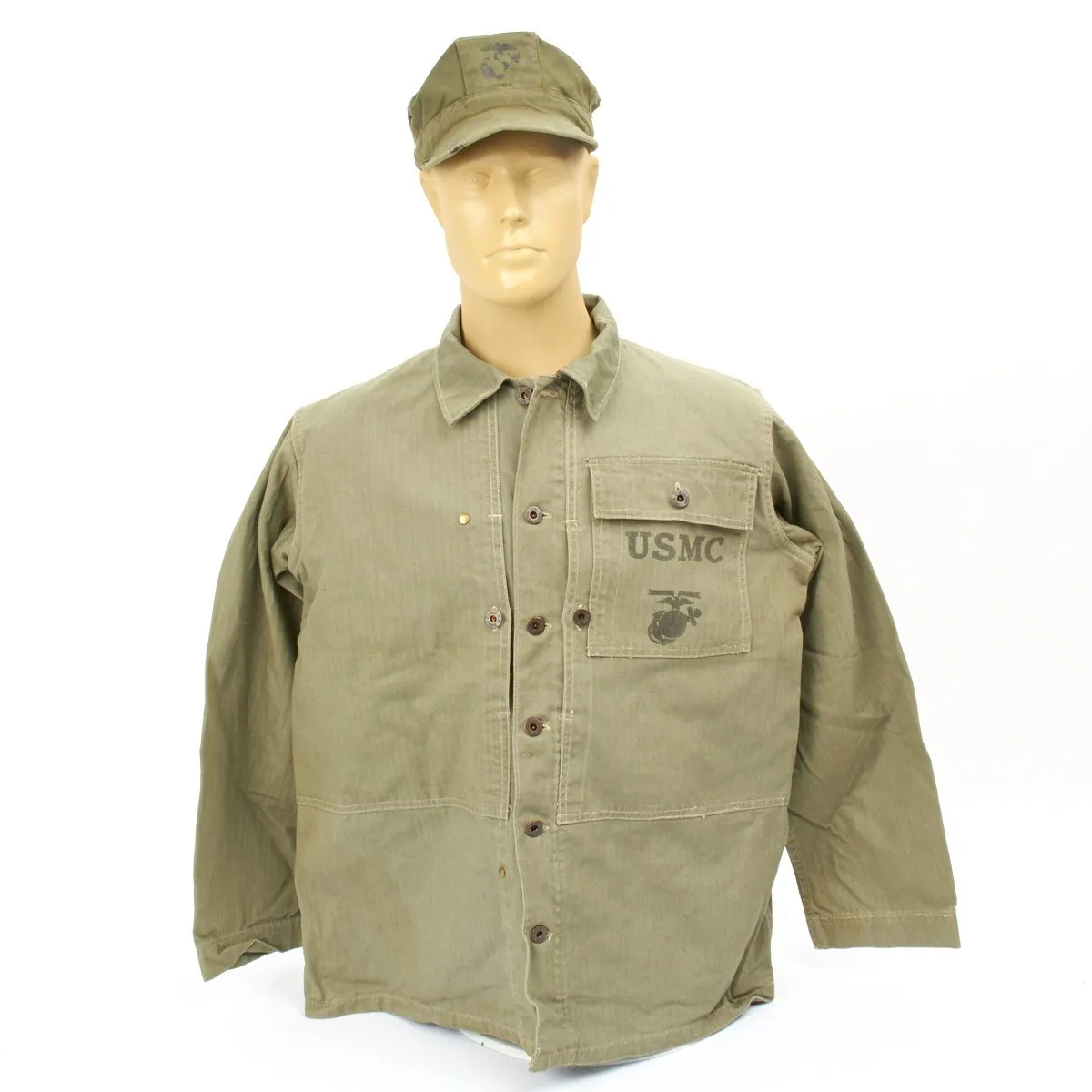 Original U.S. WWII USMC HBT Herringbone Twill P44 Utility Combat Uniform with P44 Cap