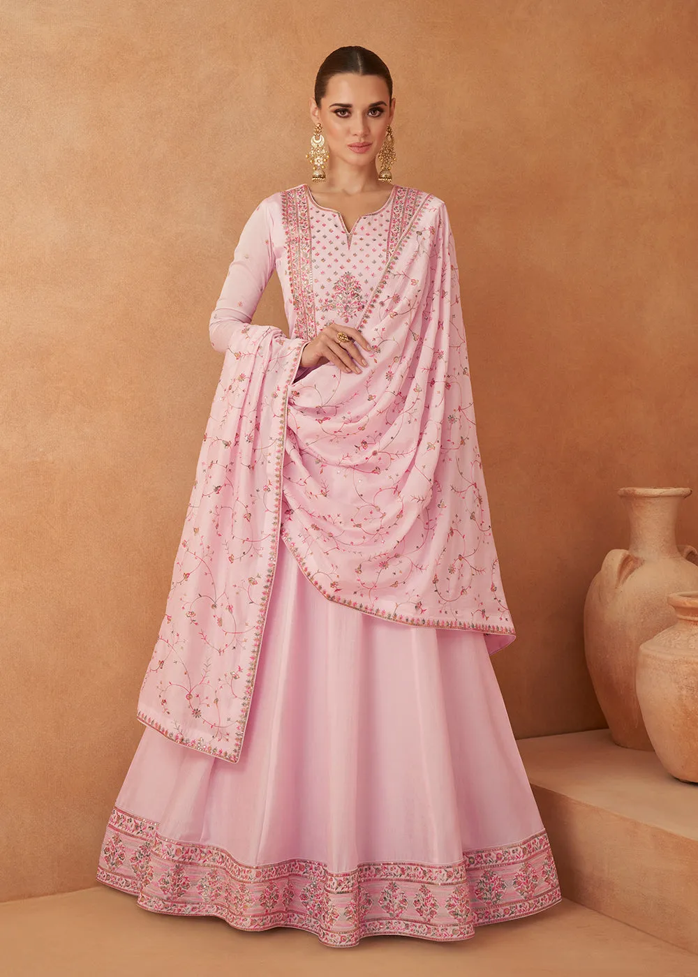 Premium Soft Pink Sequins & Thread Designer Anarkali Suit