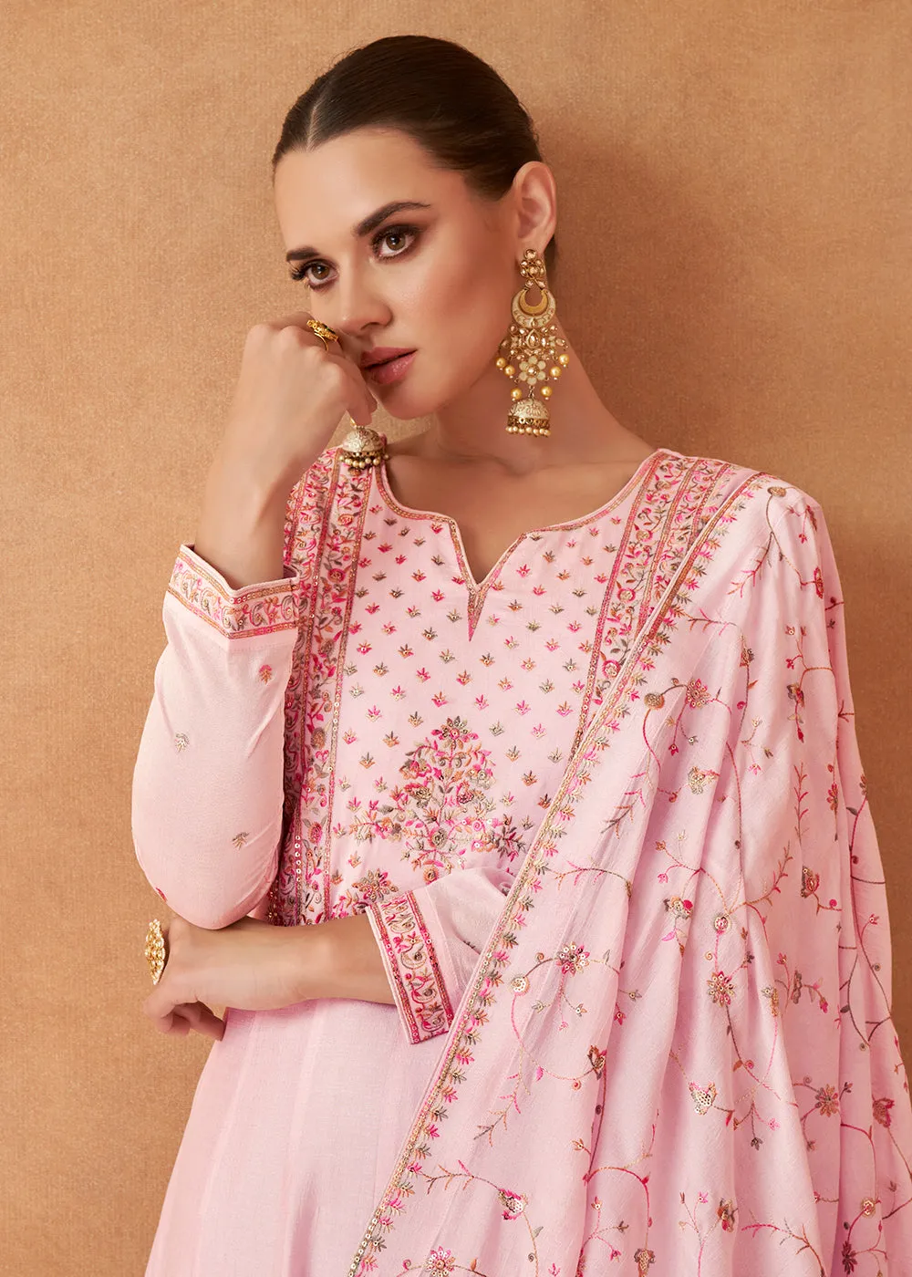 Premium Soft Pink Sequins & Thread Designer Anarkali Suit