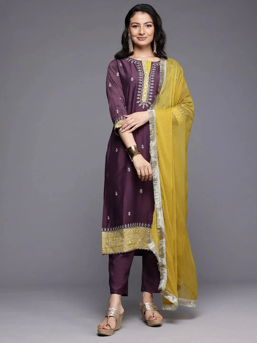 Purple Silk Blend Zari Embroidered Straight Shape Suit Set with Dupatta