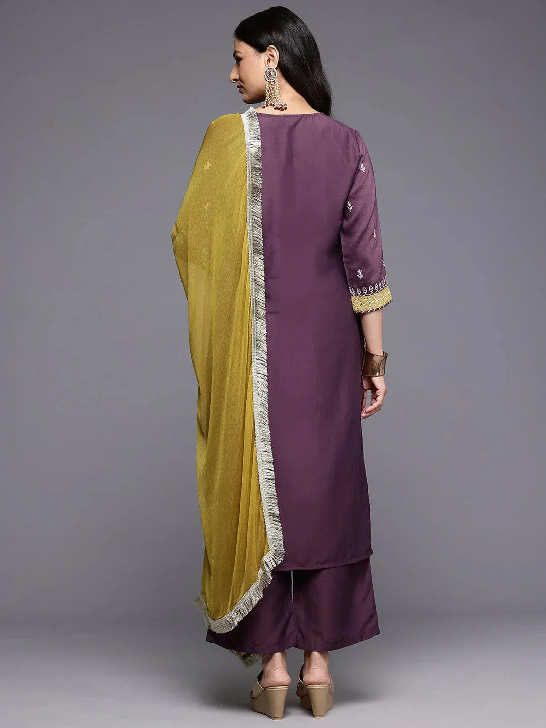 Purple Silk Blend Zari Embroidered Straight Shape Suit Set with Dupatta