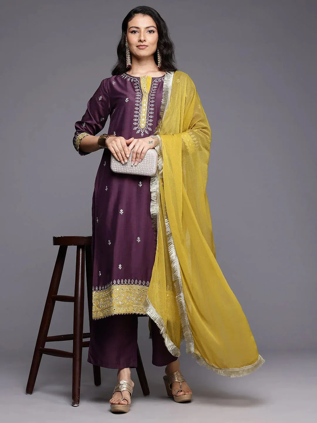 Purple Silk Blend Zari Embroidered Straight Shape Suit Set with Dupatta