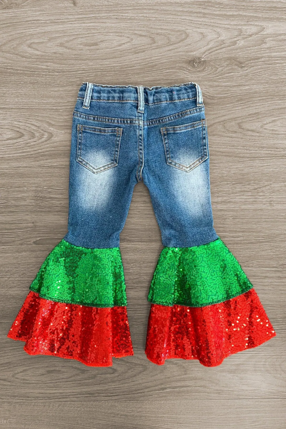 Red & Green Sequin Denim Bell Bottoms