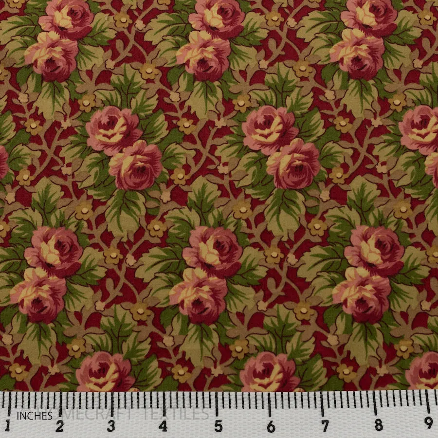 Red Vintage Floral Diamonds Cotton Print