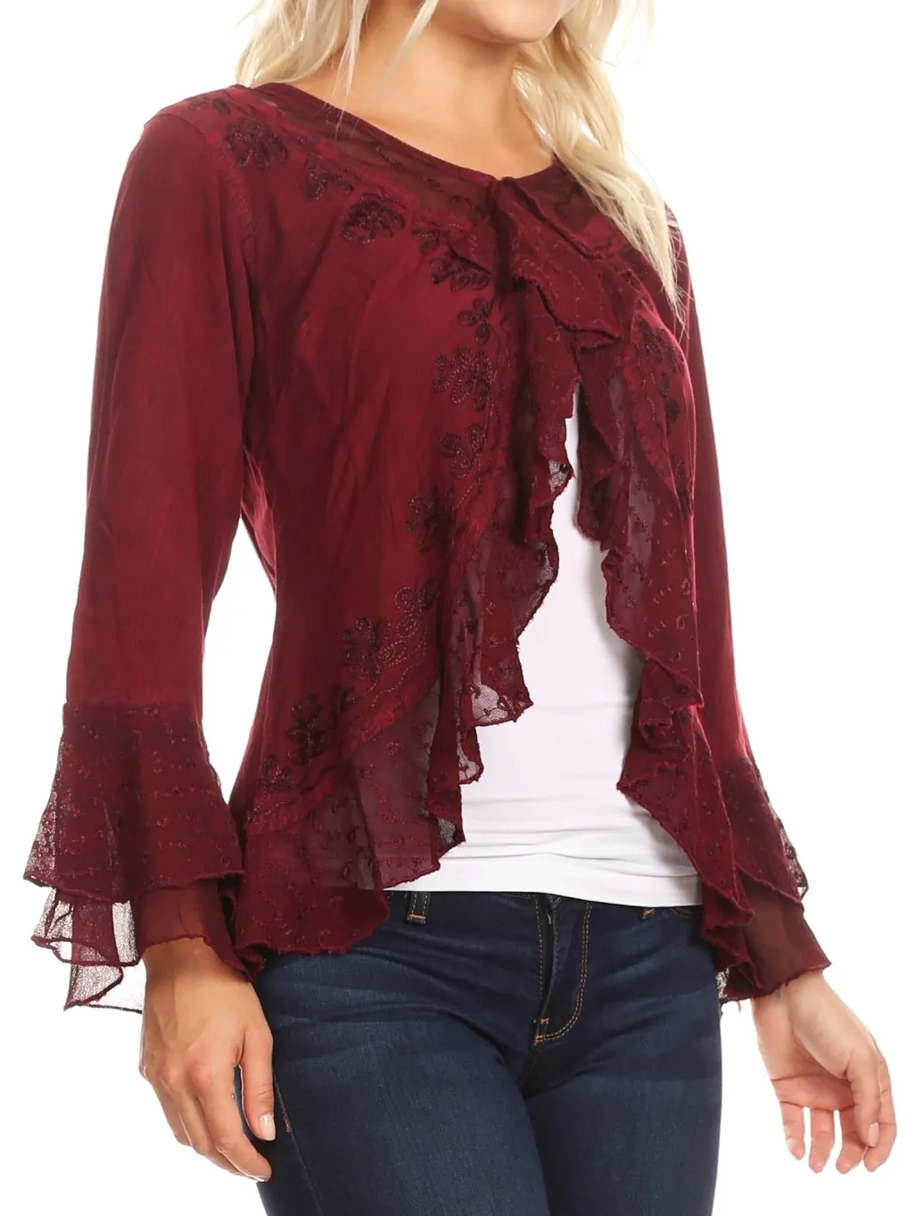 Sakkas Jimena Womens Ruffle 3/4 Sleeve Open Front Cropped Cardigan Top Lace