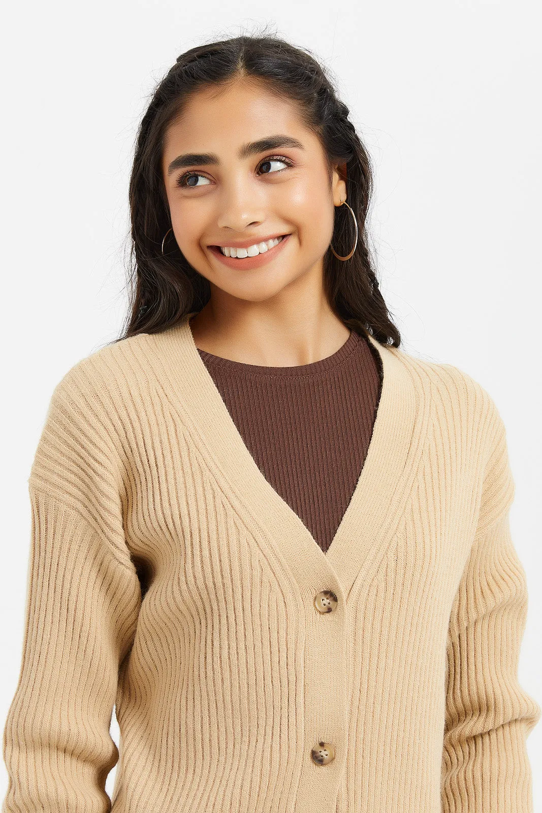 Senior Girls Beige Button Front Cardigan