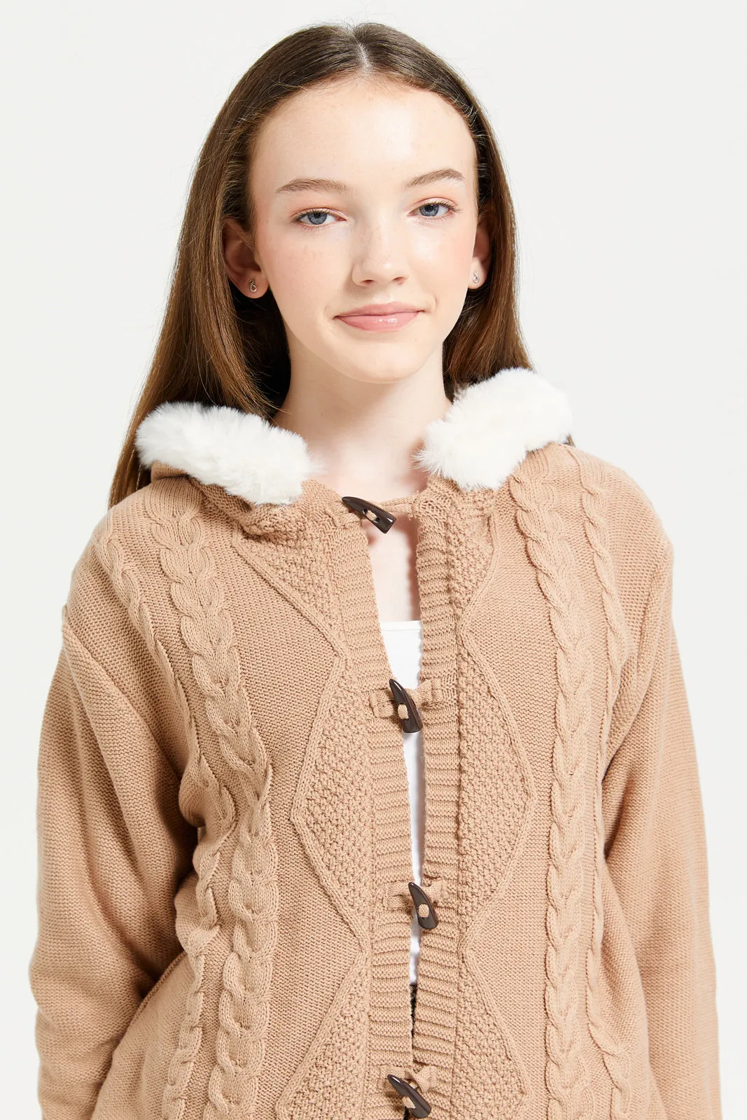 Senior Girls Beige Tussle Front Hooded With Fur On Hood And Sherpa Lining