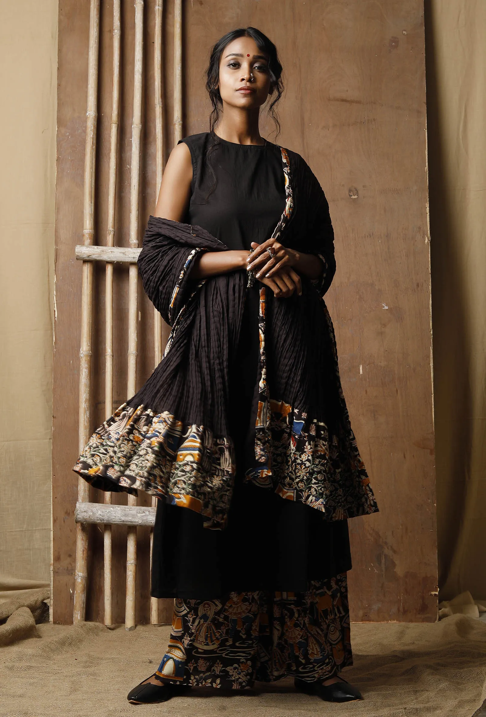 Set Of 3: Black Kurta With Kalamkari Palazzos And Dupatta