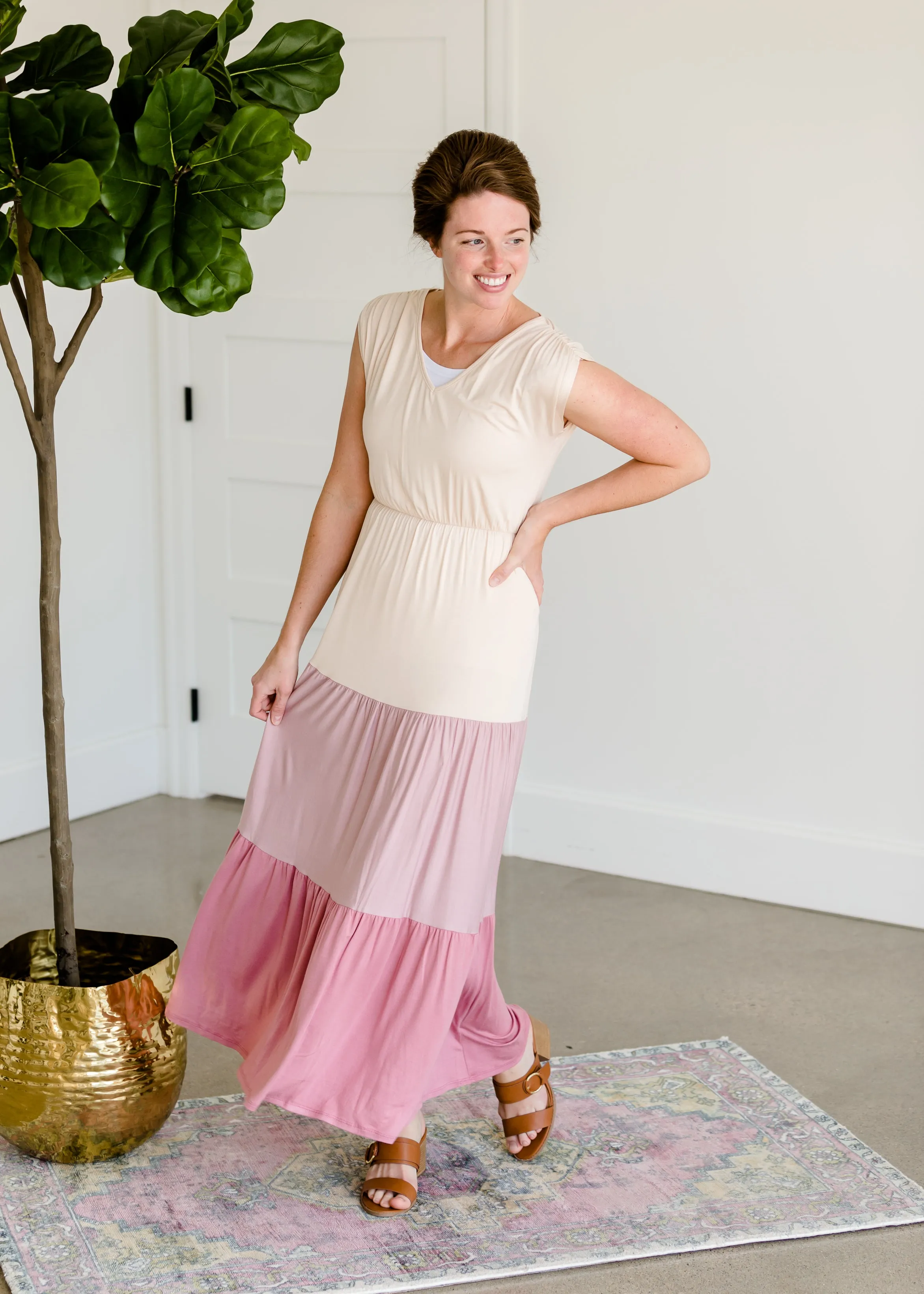 Short Sleeve Colorblock Mauve Maxi Dress