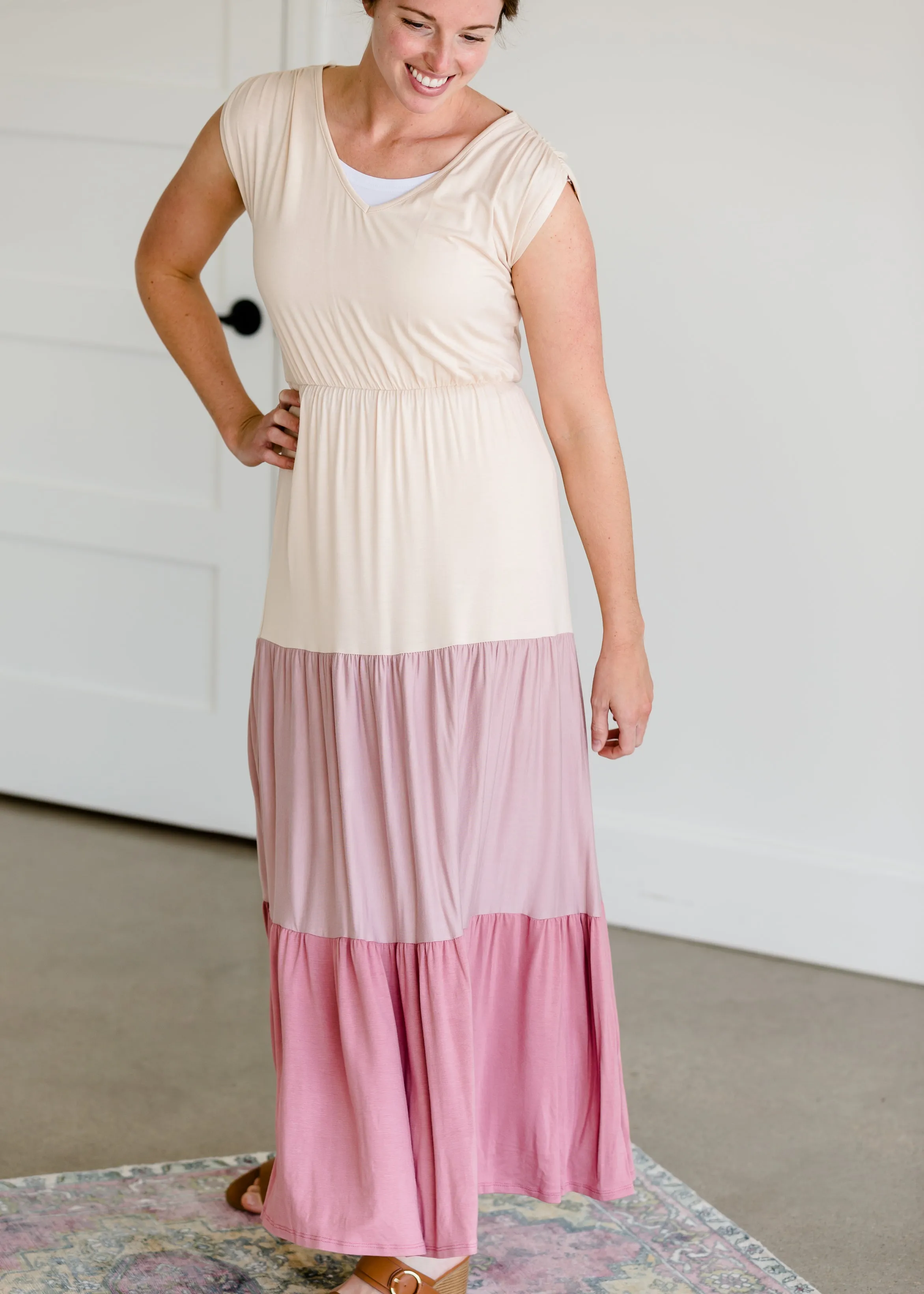 Short Sleeve Colorblock Mauve Maxi Dress