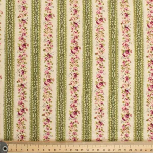 Stof Fabrics Roses-13 Floral on Cream & Green StripesCotton Prints