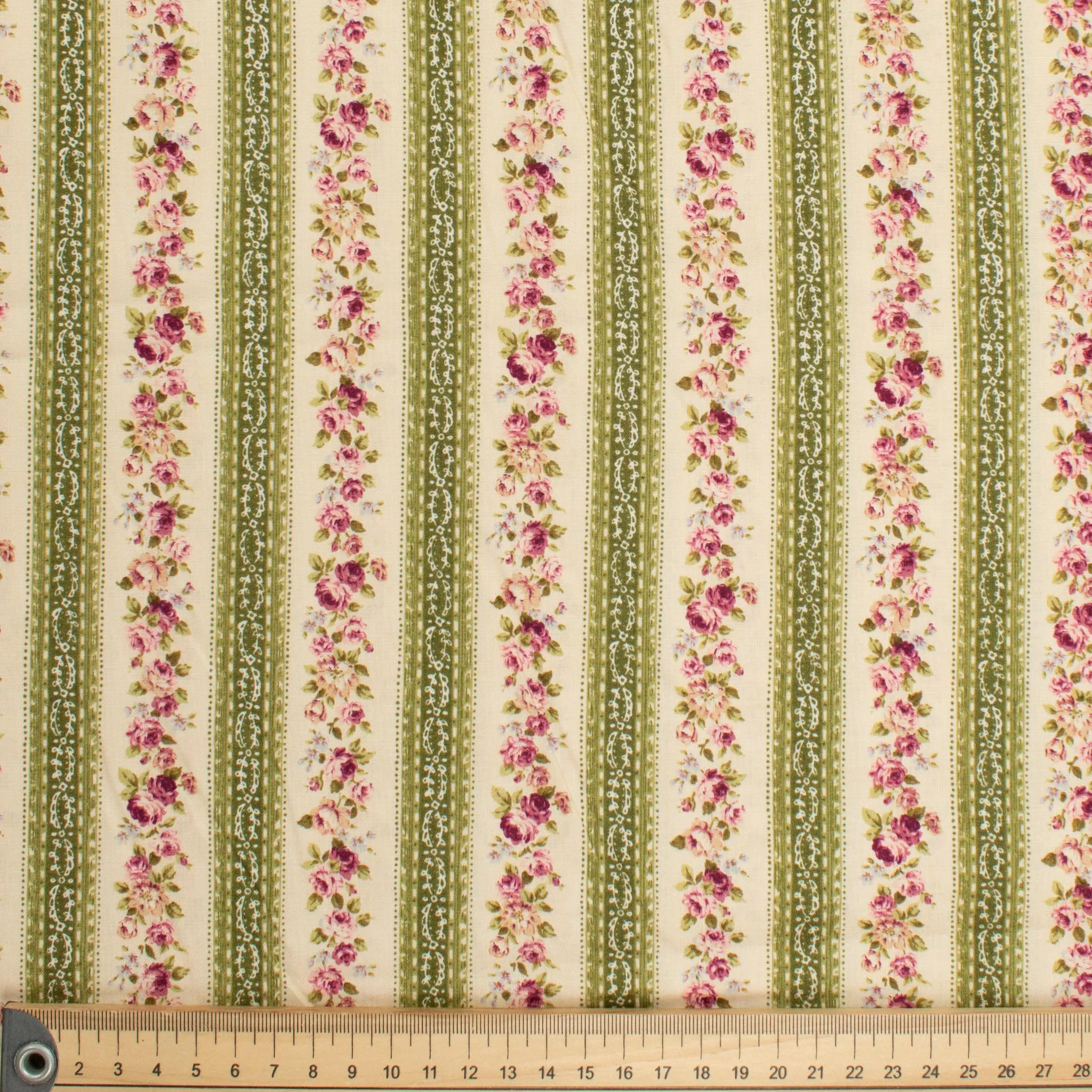 Stof Fabrics Roses-13 Floral on Cream & Green StripesCotton Prints