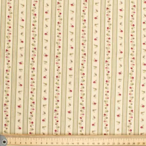 Stof Fabrics Roses-14 Floral & Green Stripes on Cream Cotton Prints