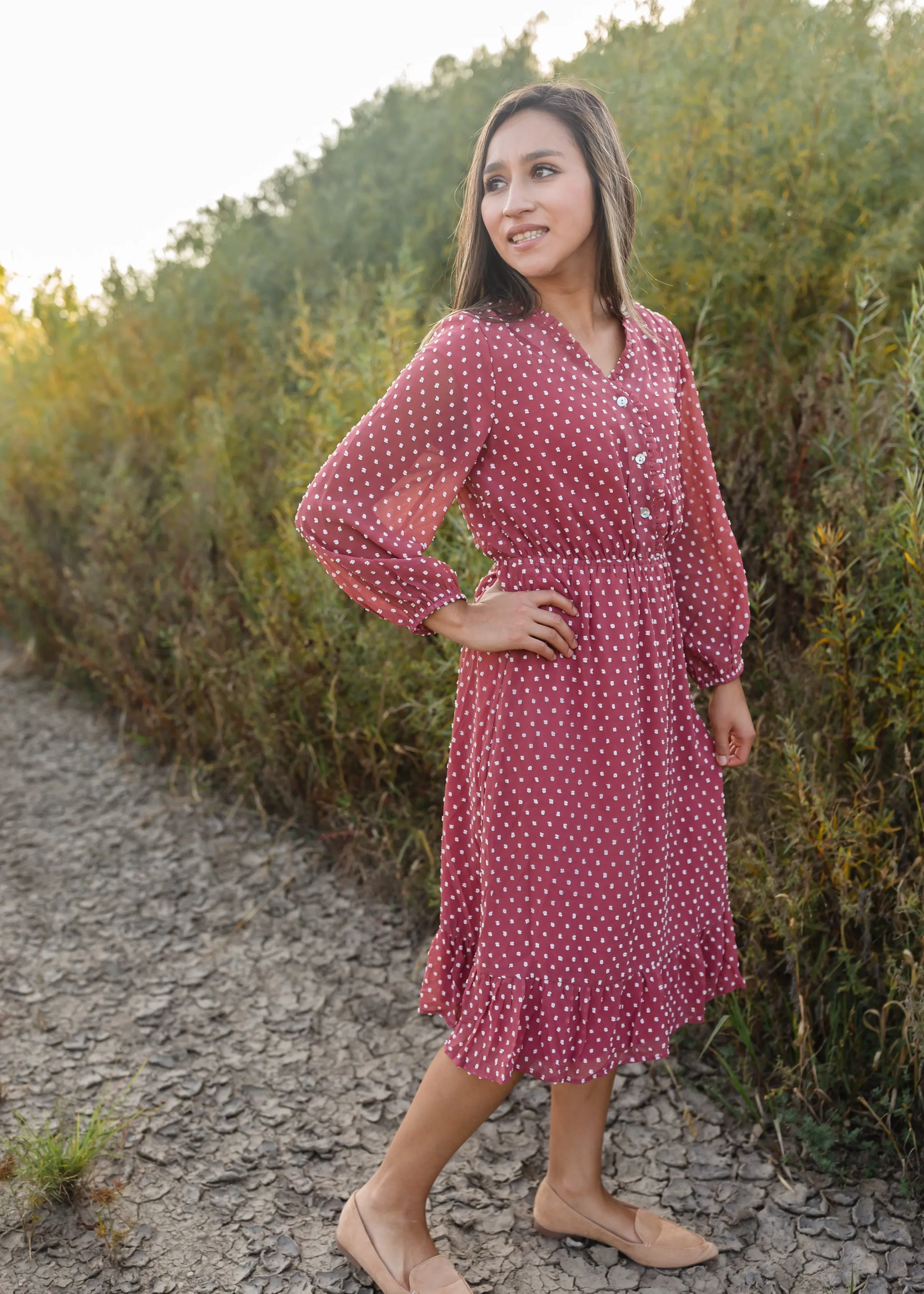 Swiss Dot Terracotta 3/4 Sleeve Midi Dress - FINAL SALE