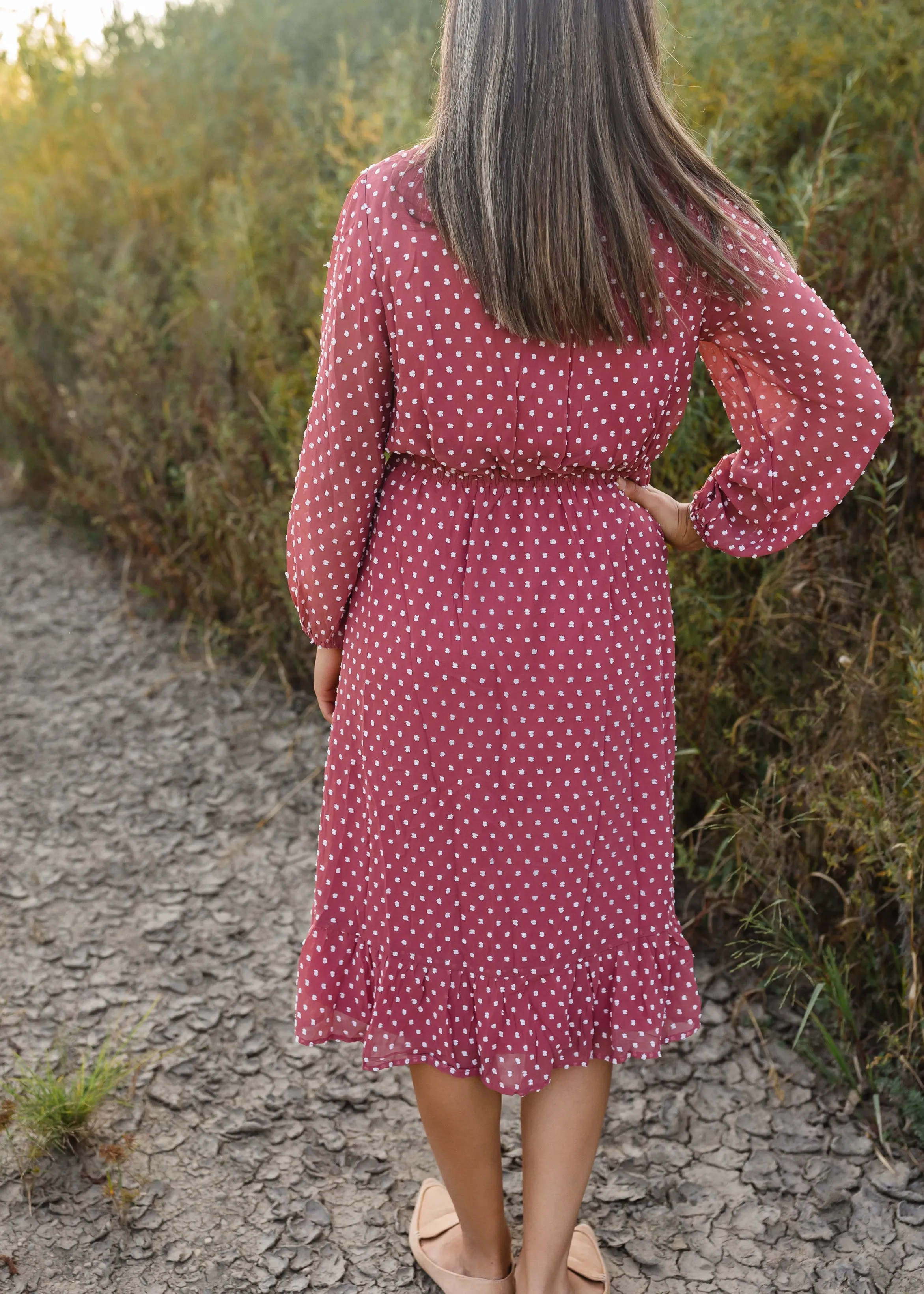 Swiss Dot Terracotta 3/4 Sleeve Midi Dress - FINAL SALE