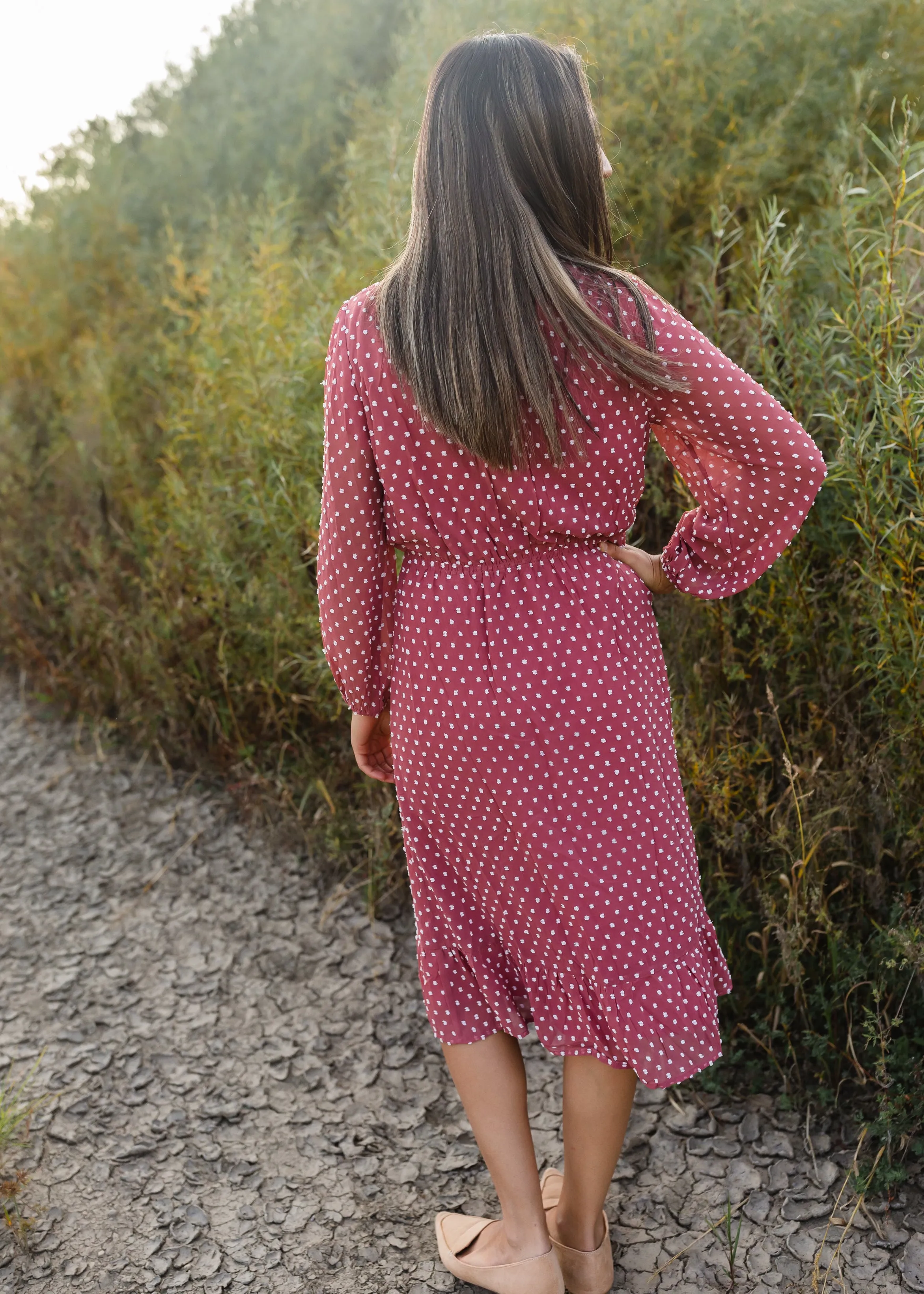 Swiss Dot Terracotta 3/4 Sleeve Midi Dress - FINAL SALE