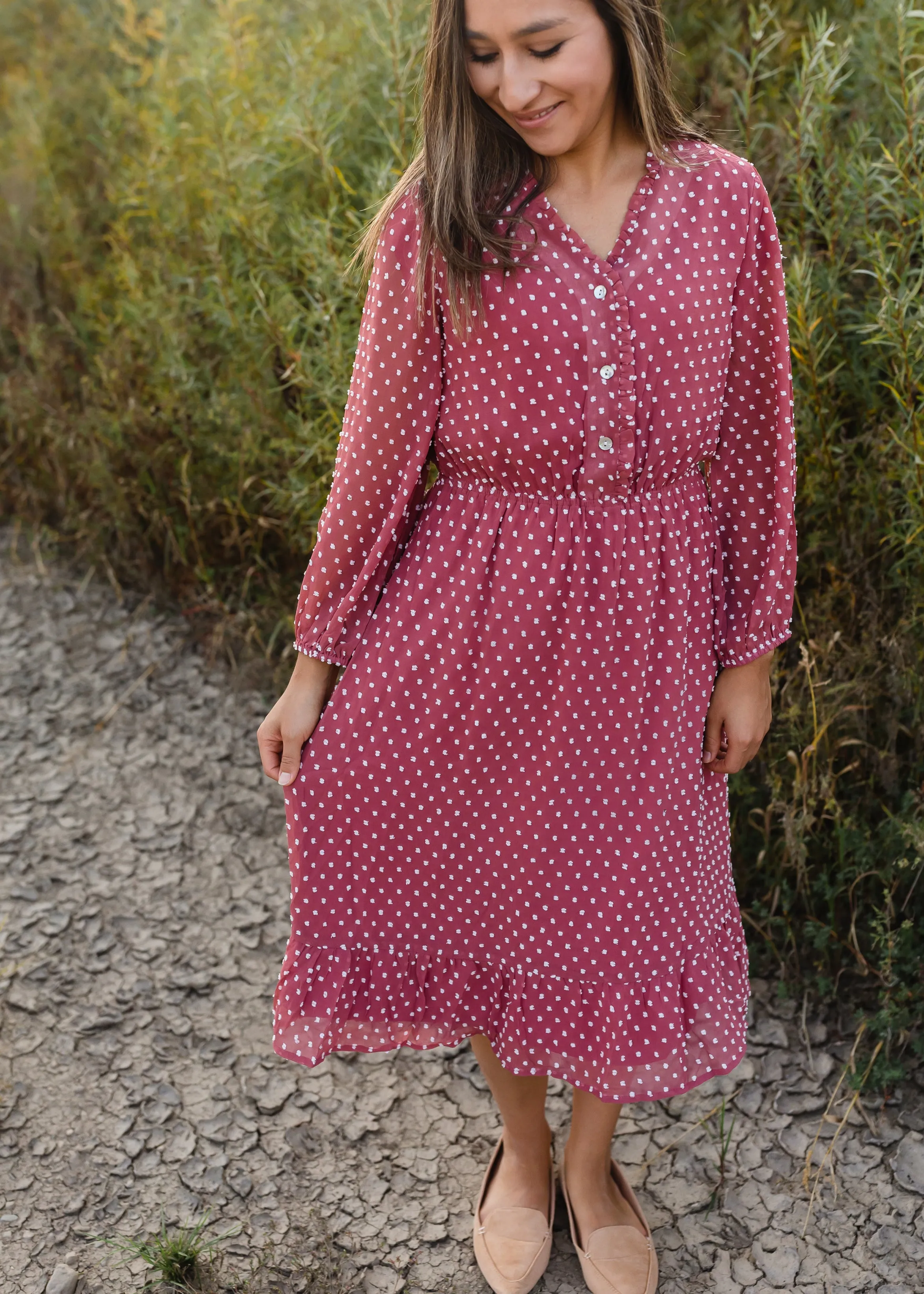 Swiss Dot Terracotta 3/4 Sleeve Midi Dress - FINAL SALE