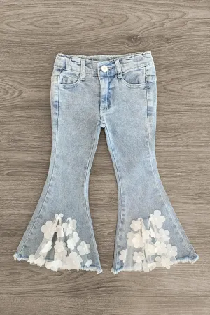 White Tulle Flower Flare Jeans