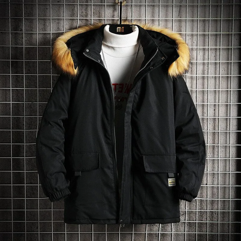 Winter Jacket Men Fur Collar Parkas Coat Cotton Padded Hood Puffer Jacket Men Outdoor