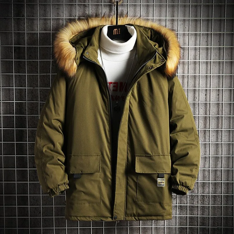 Winter Jacket Men Fur Collar Parkas Coat Cotton Padded Hood Puffer Jacket Men Outdoor