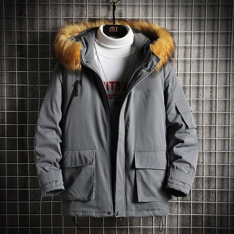 Winter Jacket Men Fur Collar Parkas Coat Cotton Padded Hood Puffer Jacket Men Outdoor