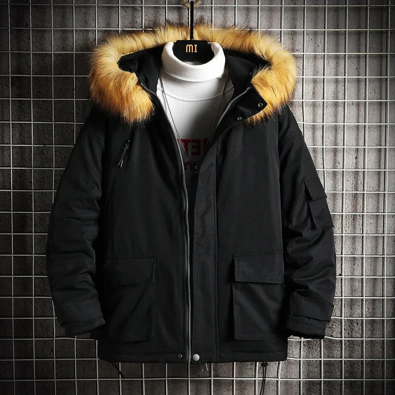 Winter Jacket Men Fur Collar Parkas Coat Cotton Padded Hood Puffer Jacket Men Outdoor