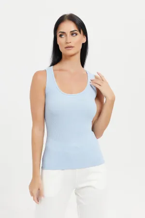 Women Blue Plain Ribbed Vest