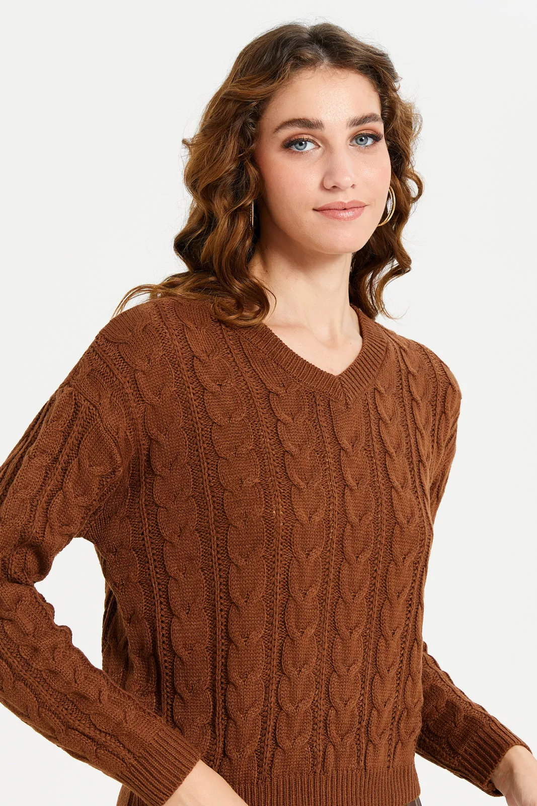 Women Brown Cable Knitted Crop Pullover