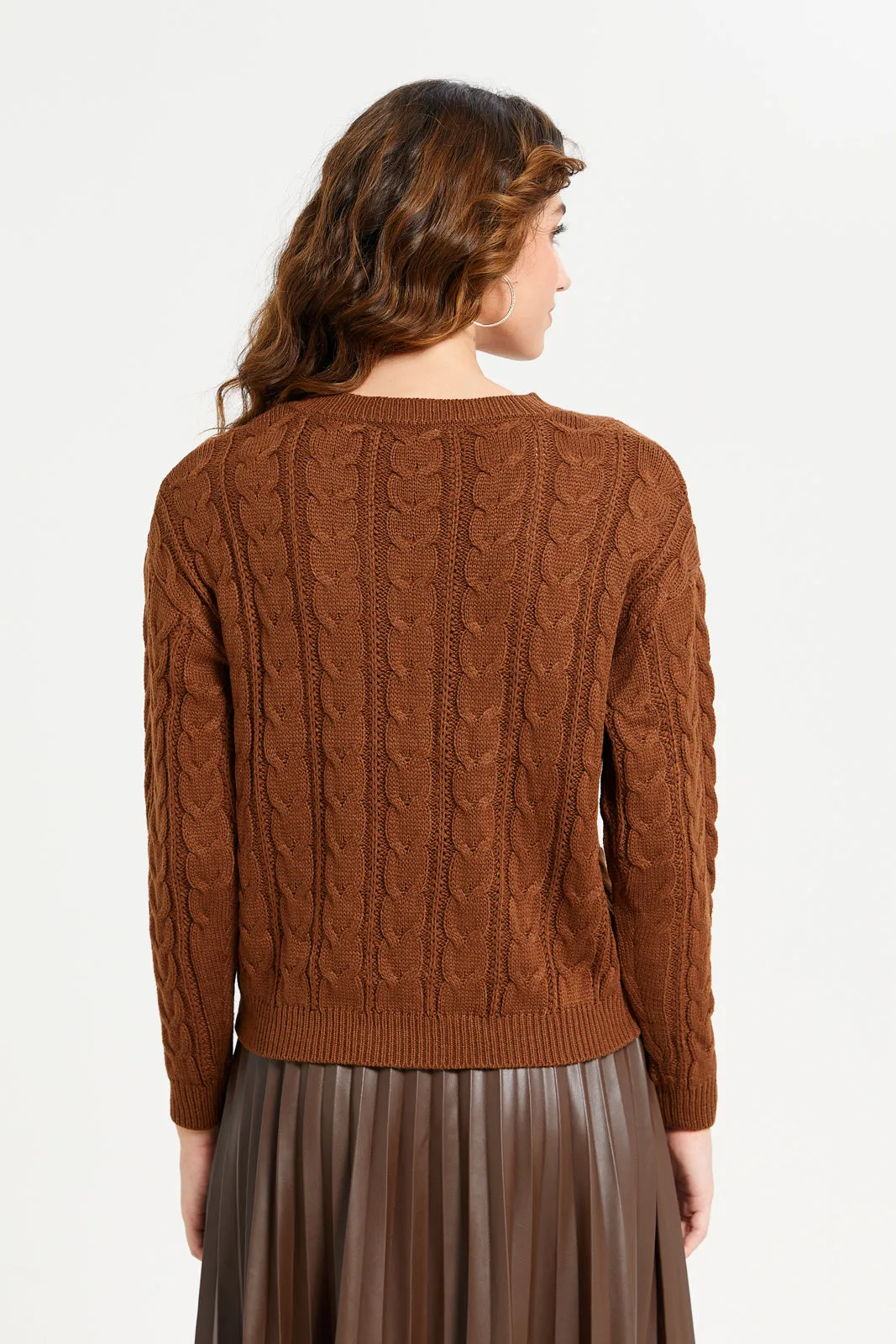 Women Brown Cable Knitted Crop Pullover