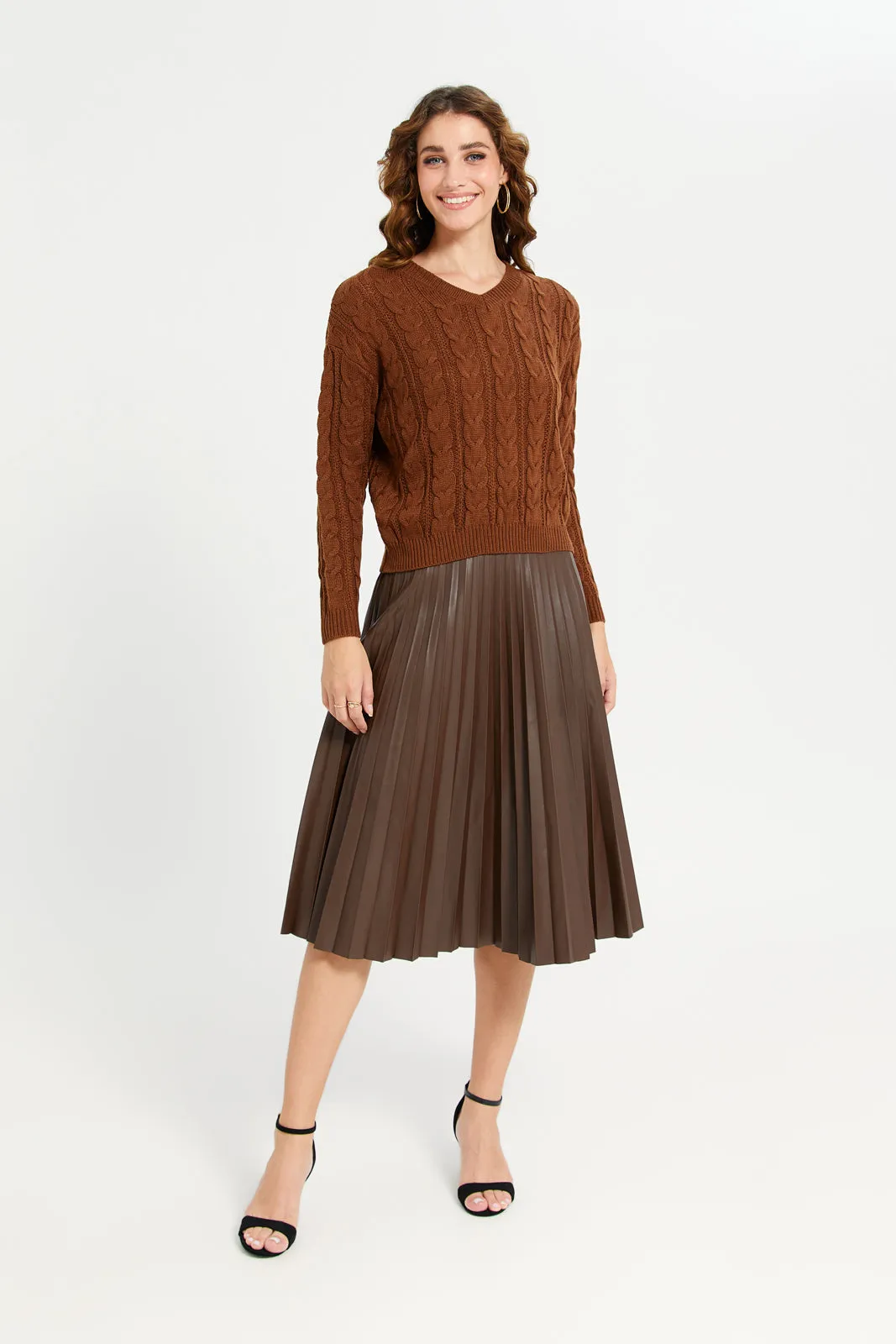 Women Brown Cable Knitted Crop Pullover