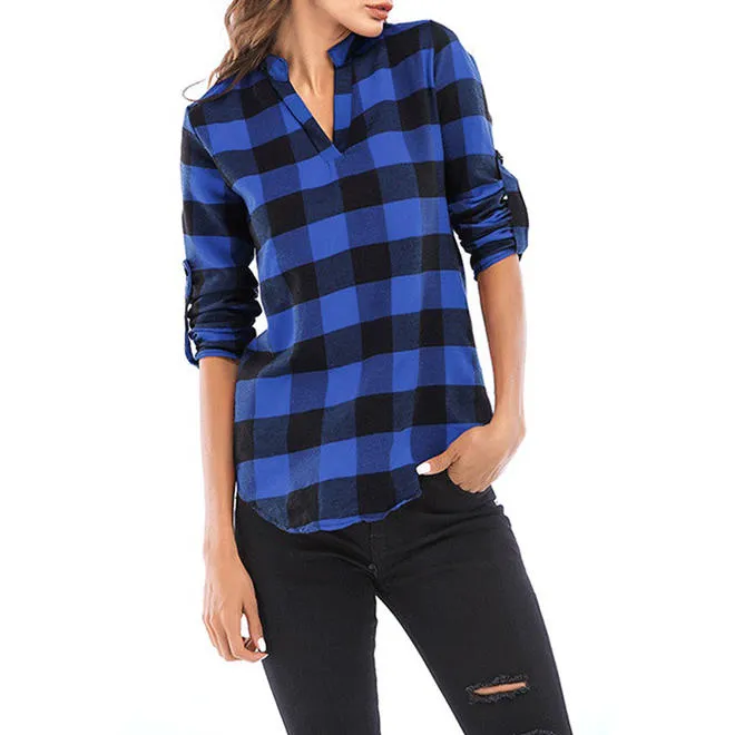 Women Collar Neck Folded Sleeve Plaid Shirt Blouse - C6512KMSB