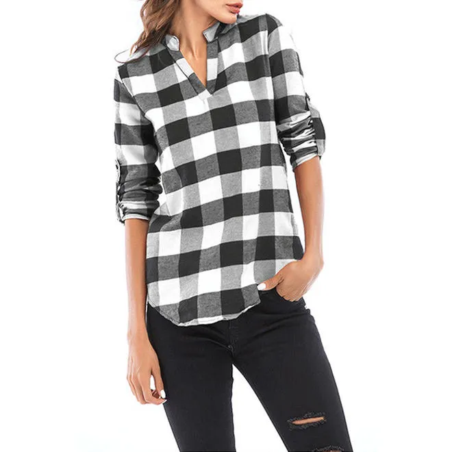 Women Collar Neck Folded Sleeve Plaid Shirt Blouse - C6512KMSB