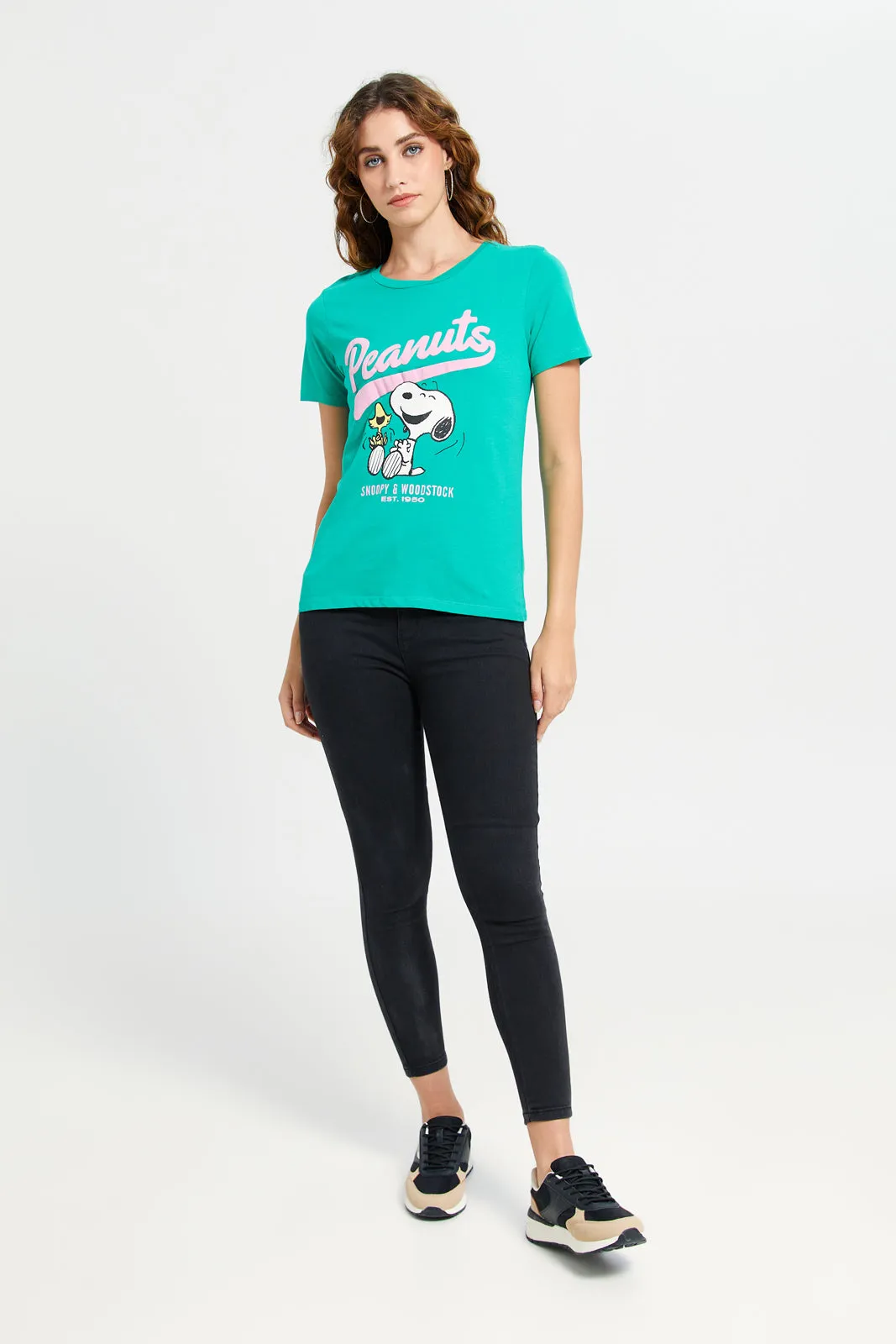 Women Green Peanuts Embroidered T-Shirt