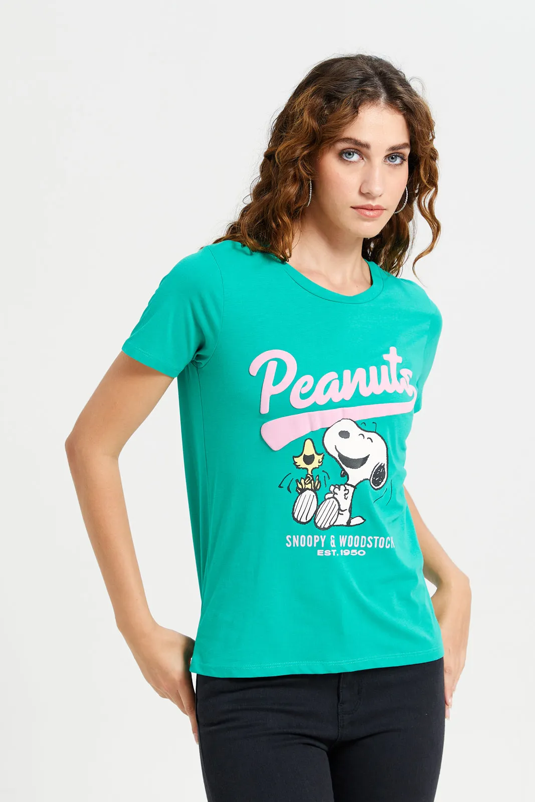 Women Green Peanuts Embroidered T-Shirt