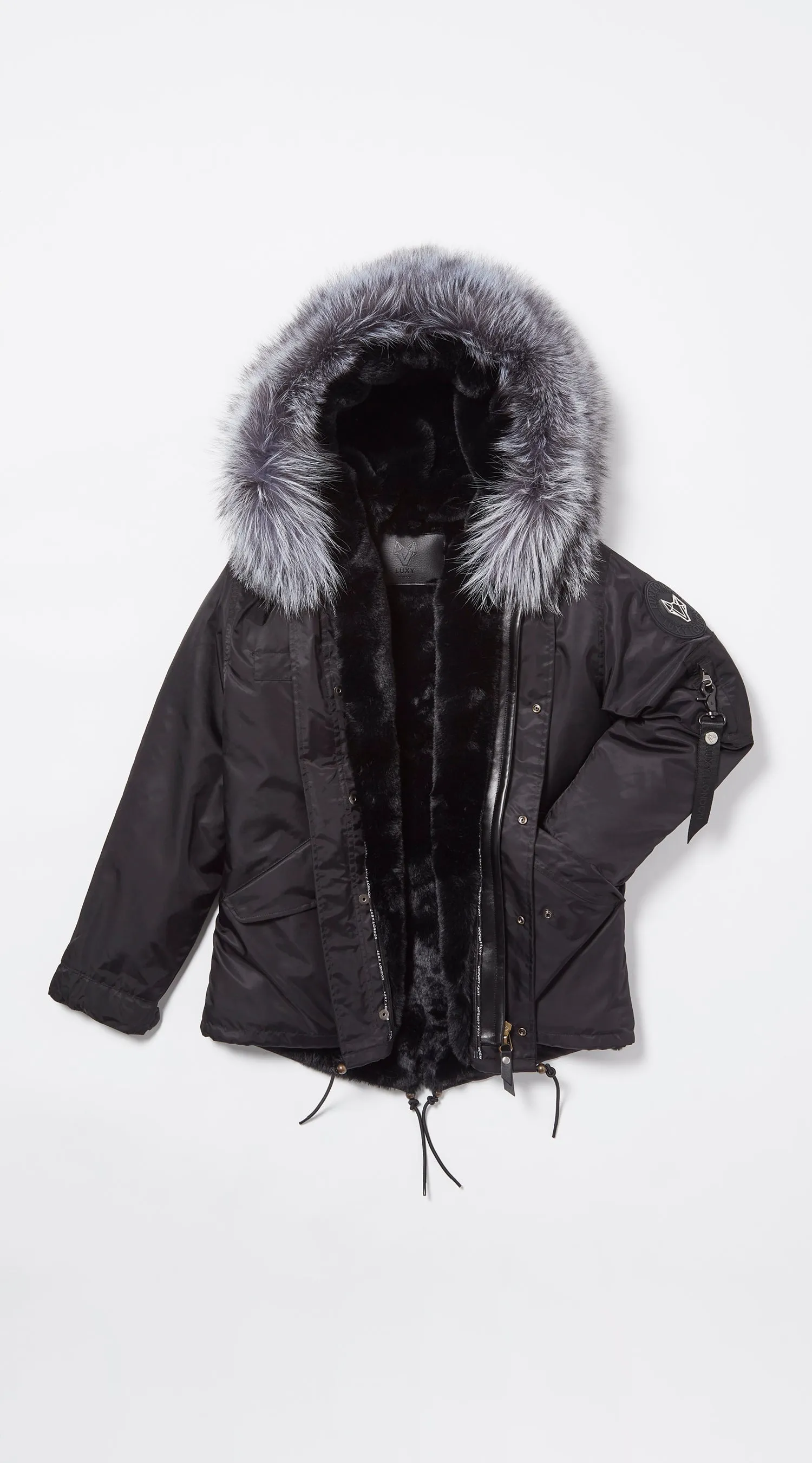 Womens Black Water-Repellent Luxy Fur Parka  - Silver Fox