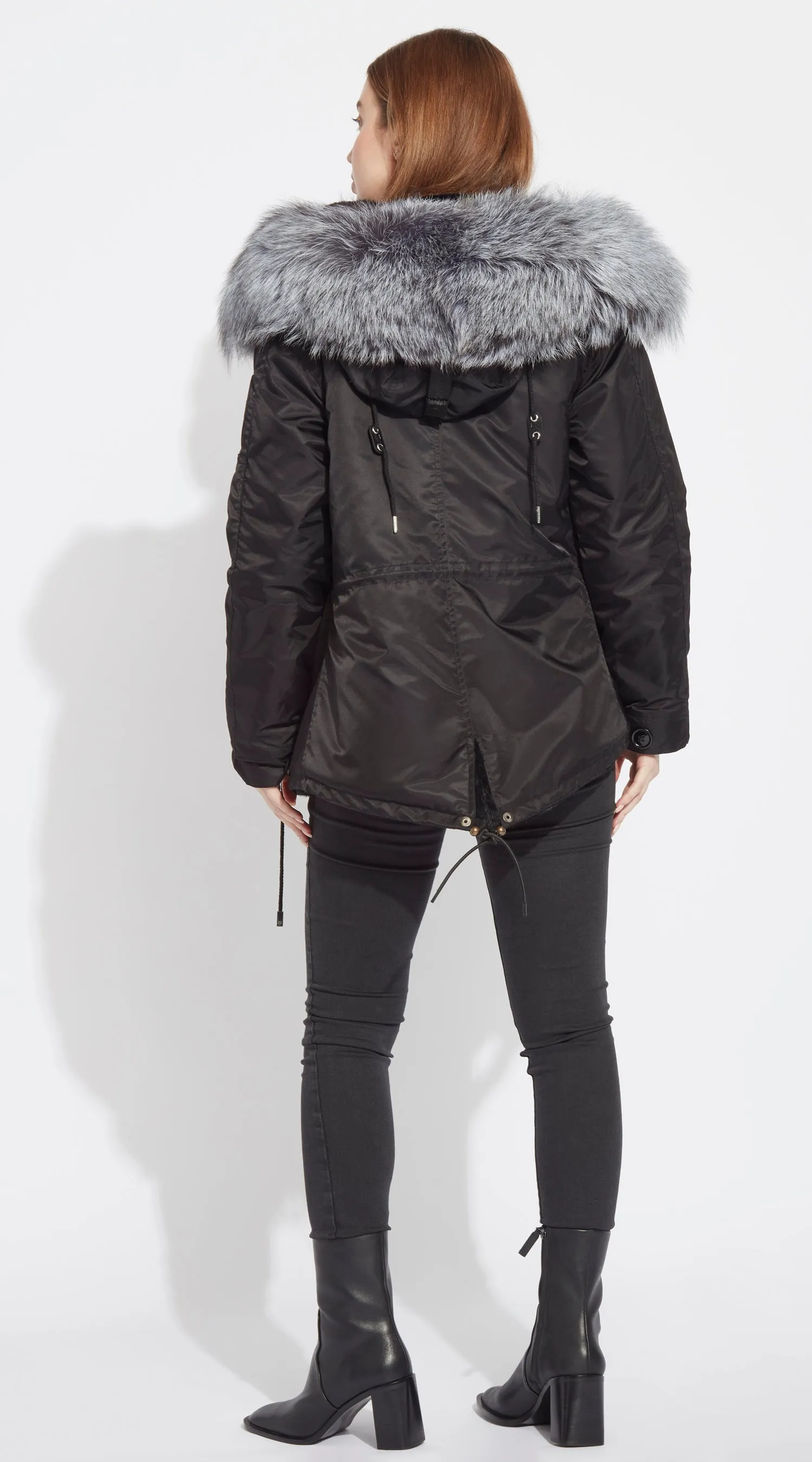 Womens Black Water-Repellent Luxy Fur Parka  - Silver Fox