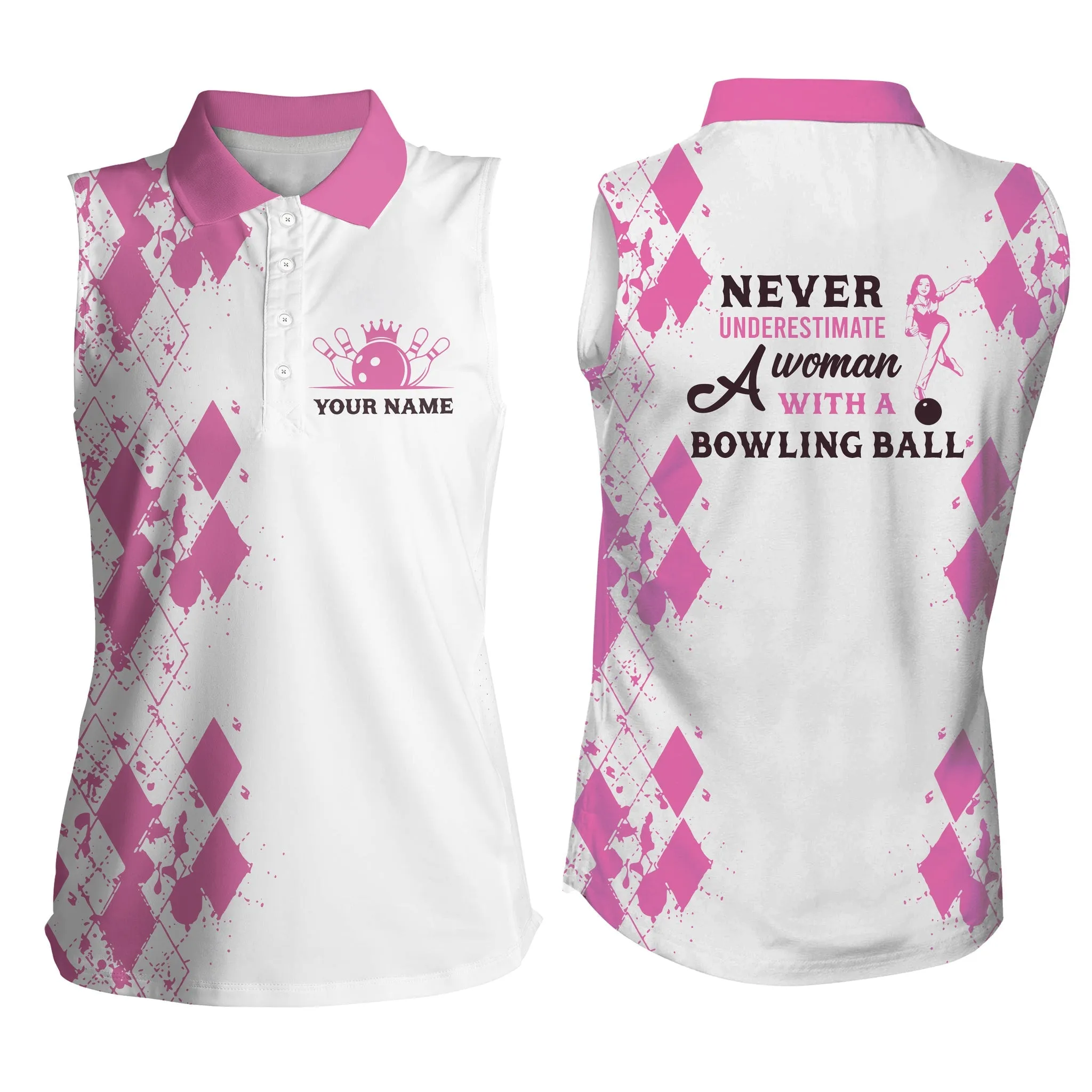 Womens Bowling Shirts Custom Name Never Underestimate A Woman With A Bowling Ball, Bowling Polo Shirts