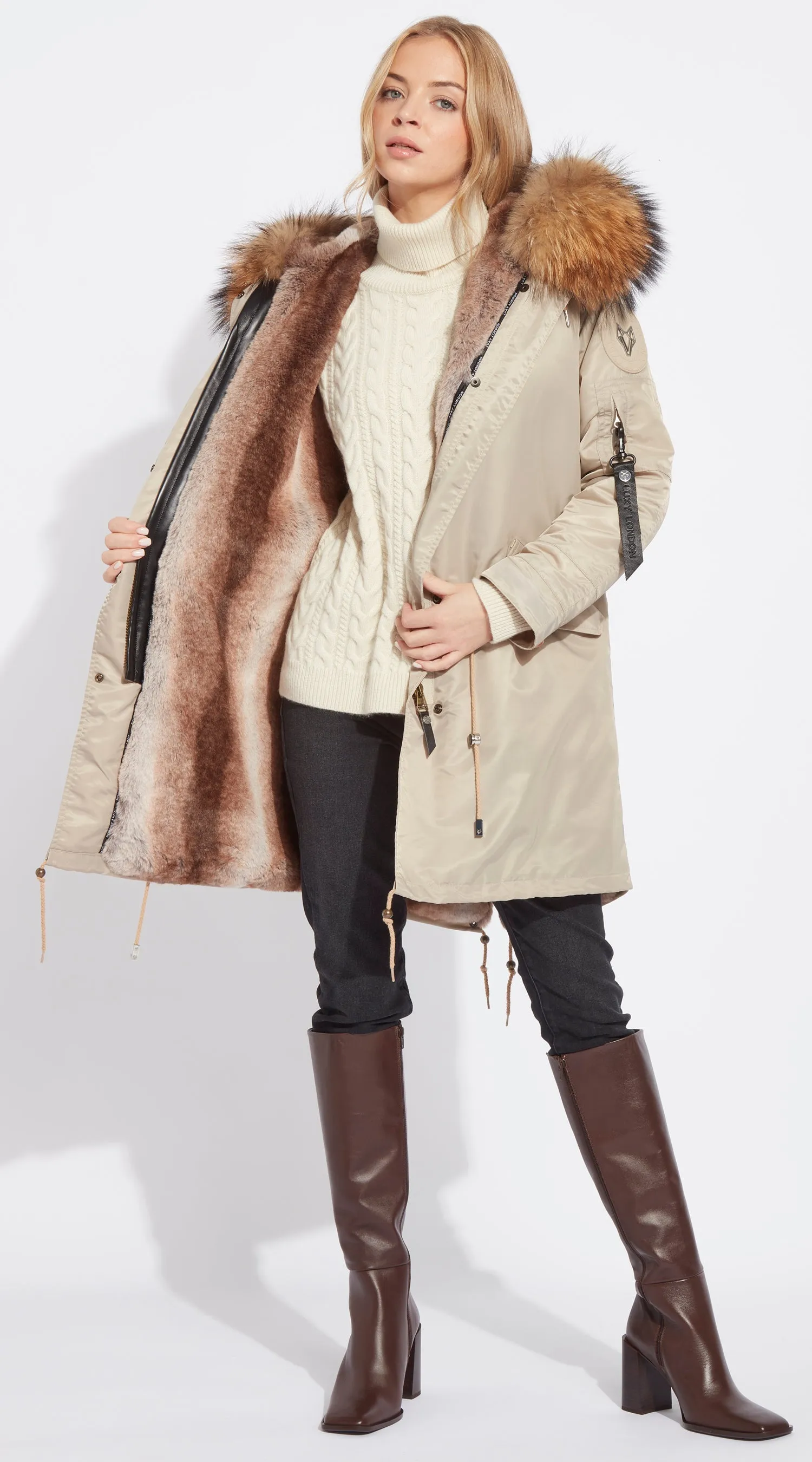 Womens Nude Water-Repellent Luxy Fur Parka - 3/4 Natural