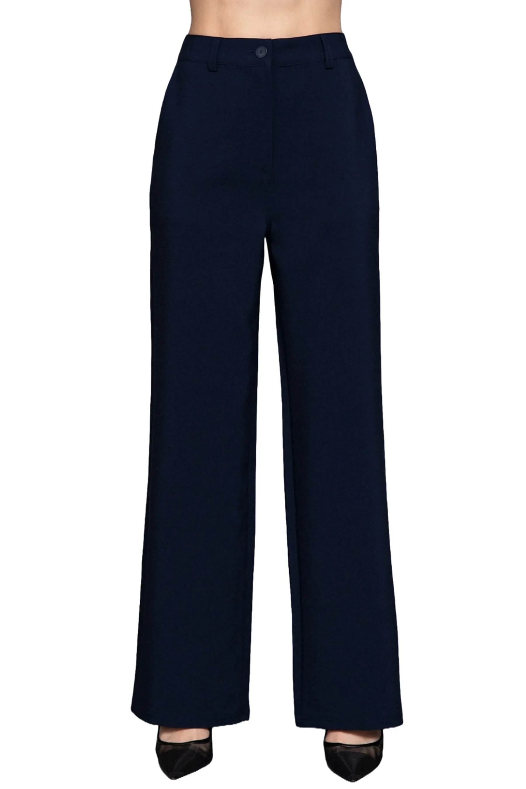 Women's Straight-Leg Woven Pants Back Elastic Detail One Button Closure