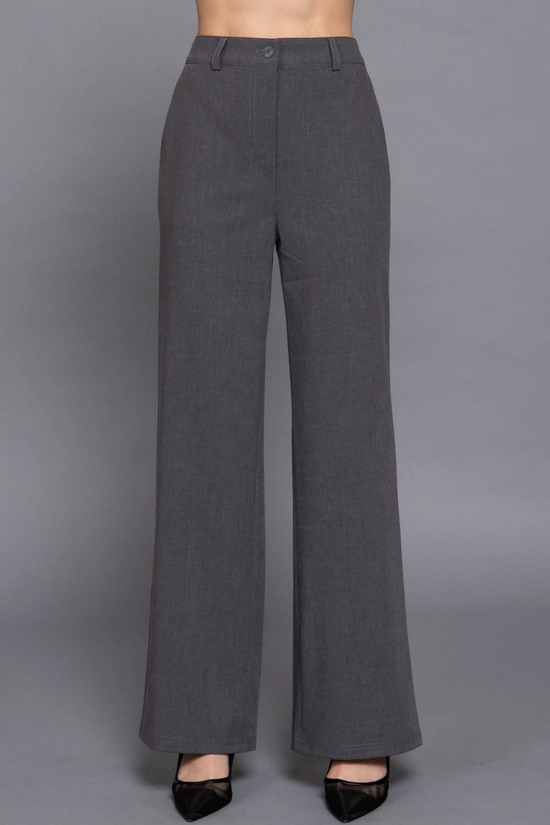 Women's Straight-Leg Woven Pants Back Elastic Detail One Button Closure